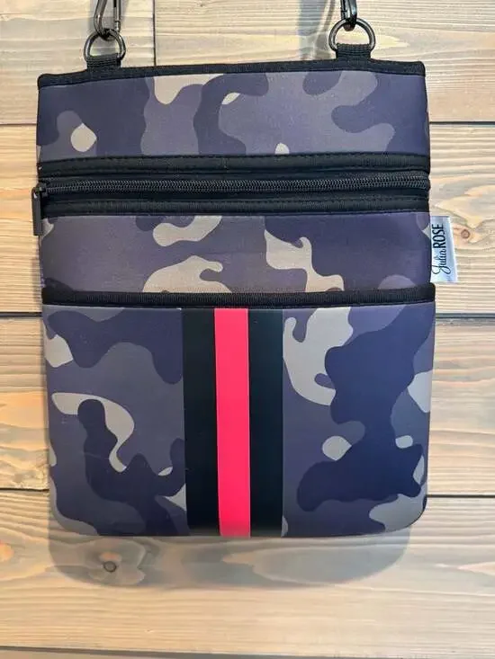 Julia Rose Camo Neoprene Crossbody Bag, Red Stripe & Star Strap - Picture 2 of 8